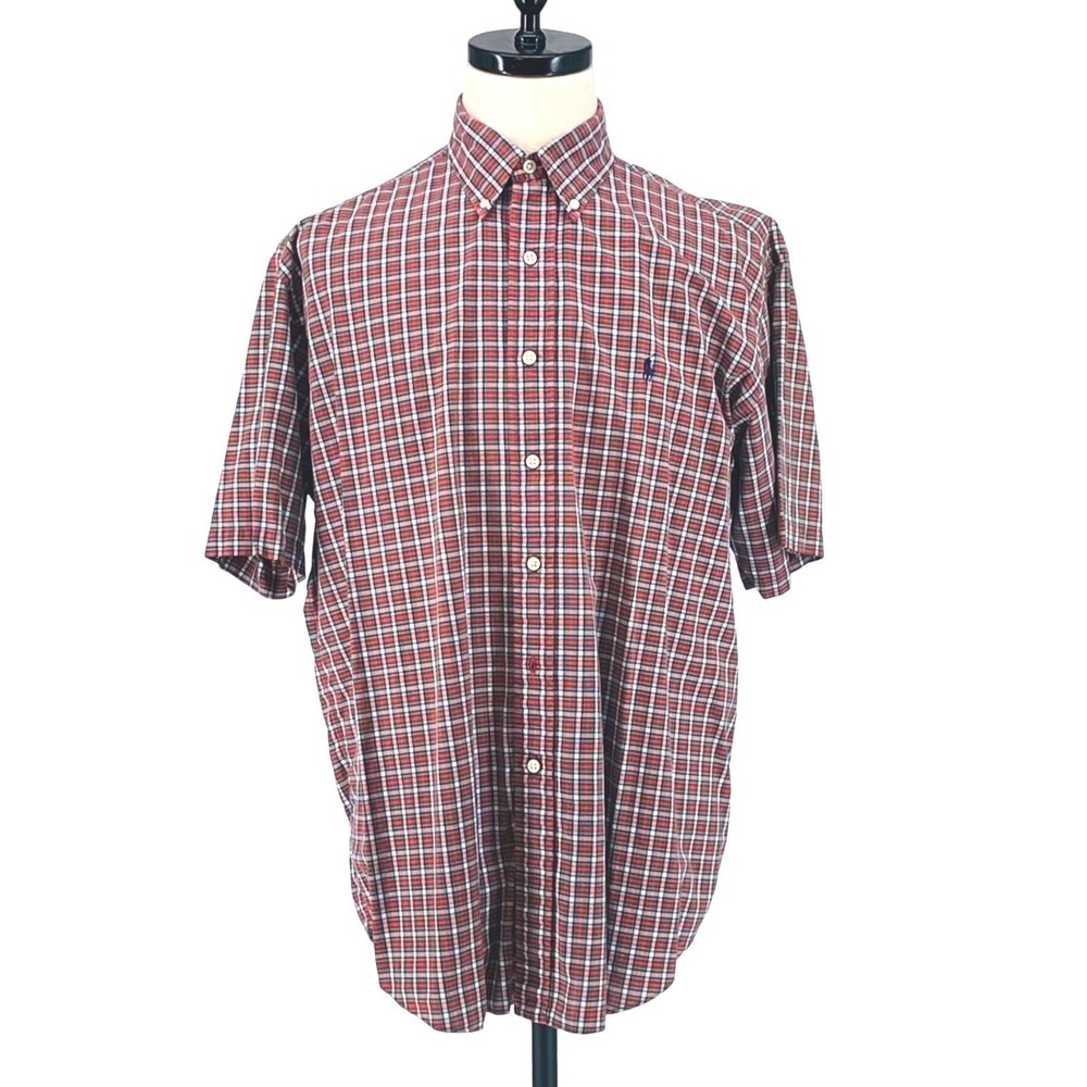 Ralph Lauren Blake Plaid Short Sleeve Shirt Men's Size L Cotton Red Black Plaid